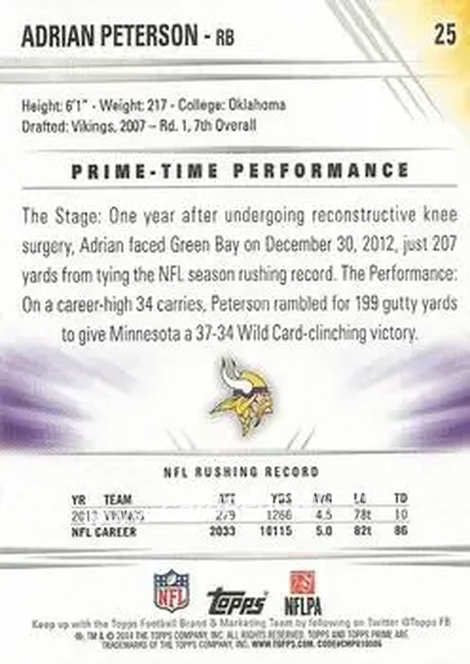 2014 Topps Prime #25a - Adrian Peterson - Minnesota Vikings - Back