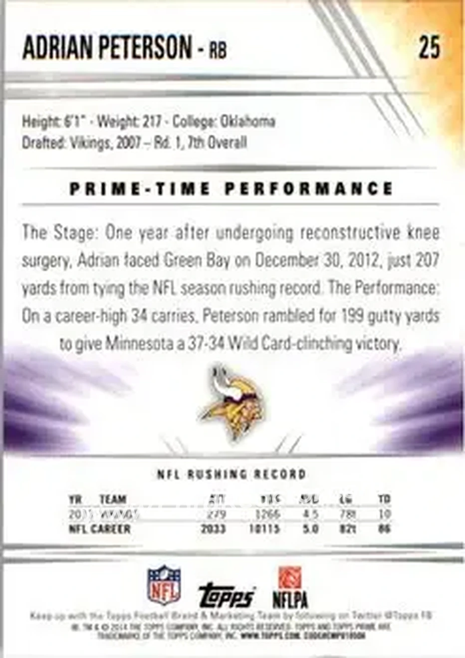 2014 Topps Prime #25b - Adrian Peterson - Minnesota Vikings - Back 2014 Topps Prime #25b - Adrian Peterson - Minnesota Vikings - Back
