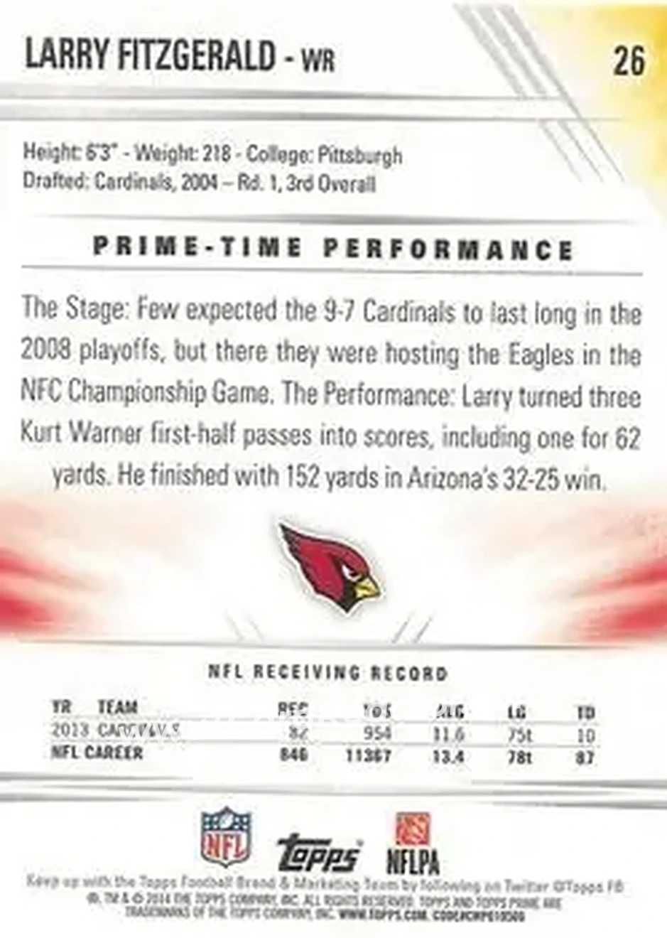 2014 Topps Prime #26a - Larry Fitzgerald - Arizona Cardinals - Back 2014 Topps Prime #26a - Larry Fitzgerald - Arizona Cardinals - Back