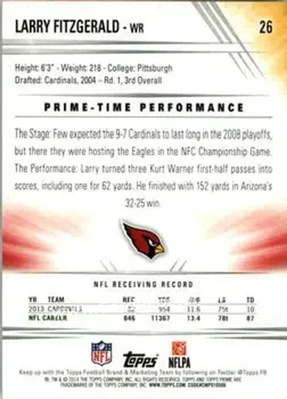 2014 Topps Prime #26b - Larry Fitzgerald - Arizona Cardinals - Back