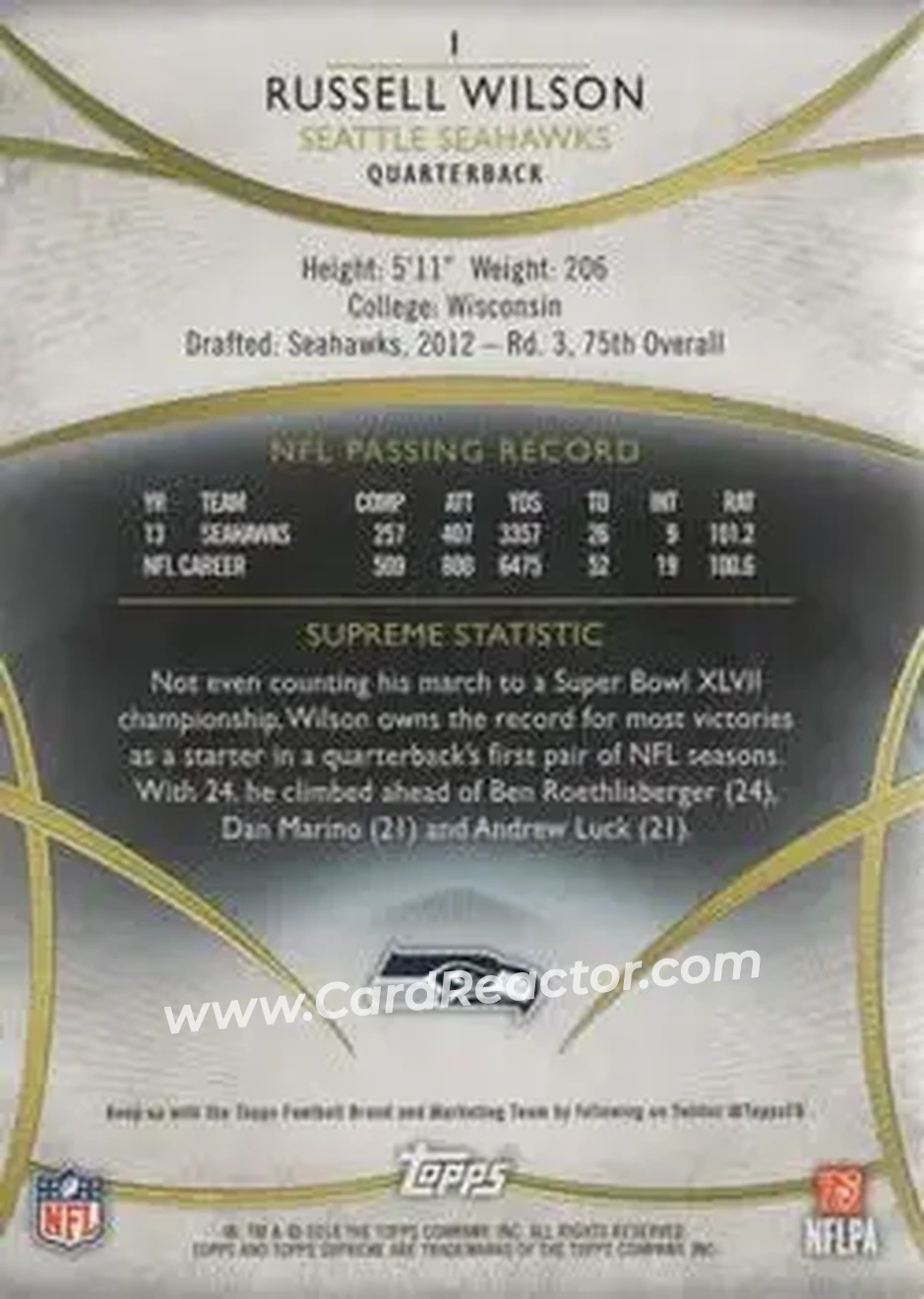 2014 Topps Supreme #1 - Russell Wilson - Seattle Seahawks - Back