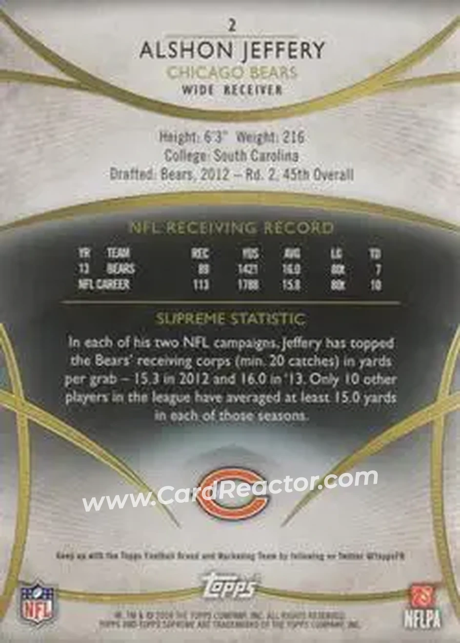 2014 Topps Supreme #2 - Alshon Jeffery - Chicago Bears - Back