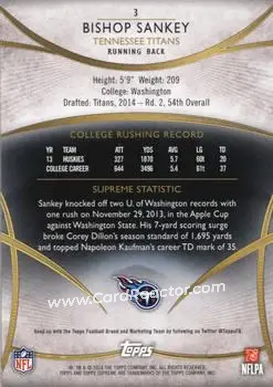 2014 Topps Supreme #3 - Bishop Sankey - Tennessee Titans - Back
