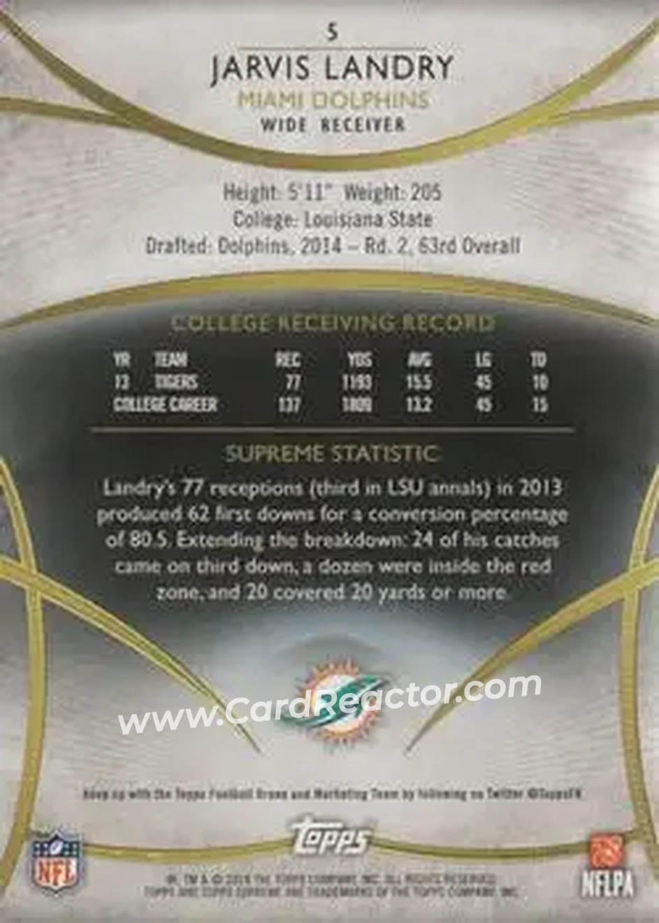 2014 Topps Supreme #5 - Jarvis Landry - Miami Dolphins - Back