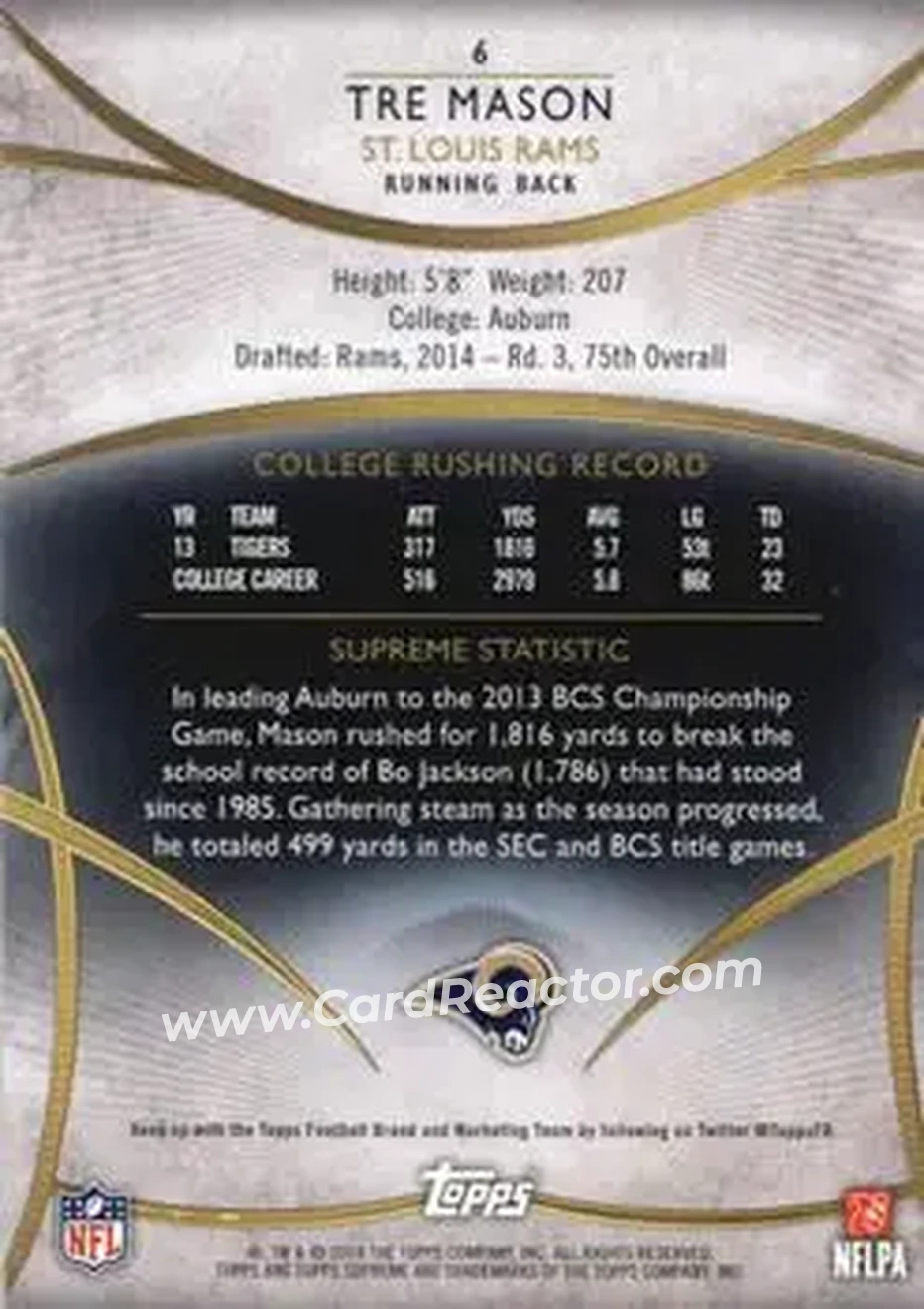 2014 Topps Supreme #6 - Tre Mason - St. Louis Rams - Back