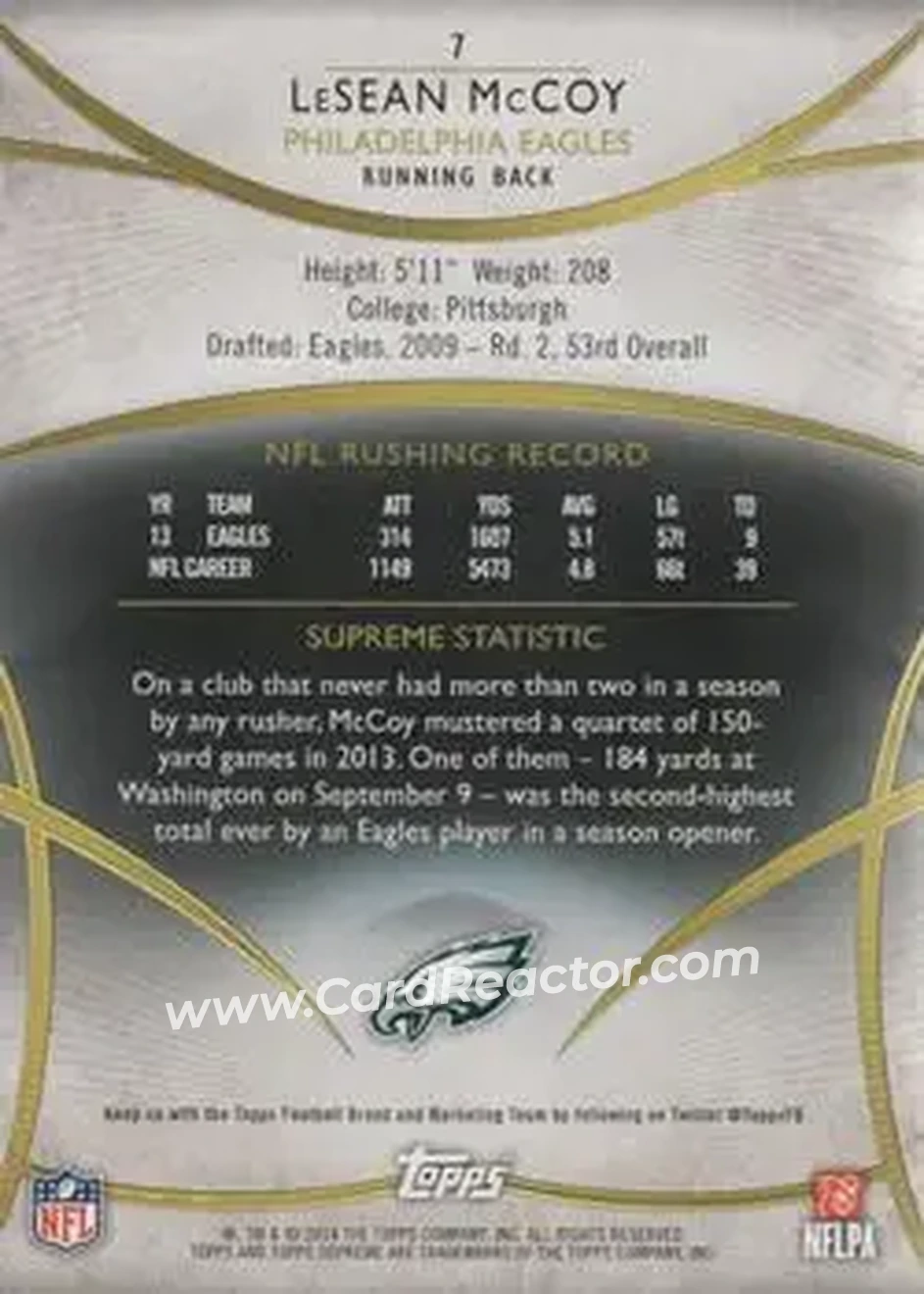 2014 Topps Supreme #7 - LeSean McCoy - Philadelphia Eagles - Back