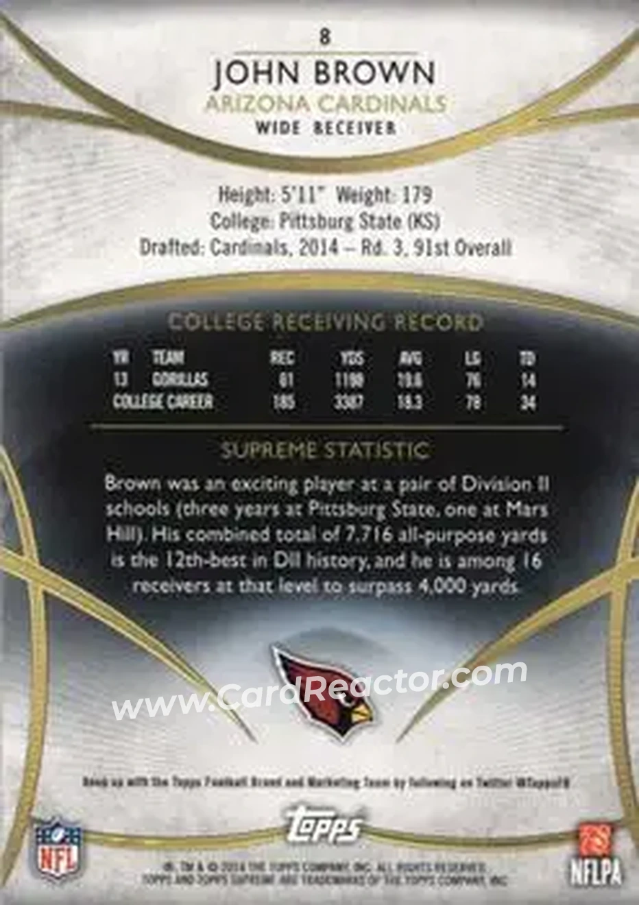 2014 Topps Supreme #8 - John Brown - Arizona Cardinals - Back