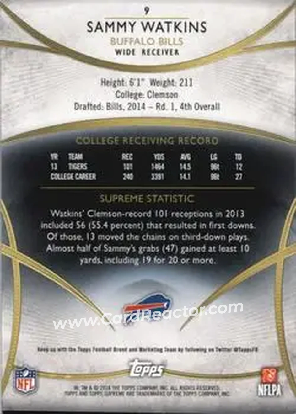 2014 Topps Supreme #9 - Sammy Watkins - Buffalo Bills - Back