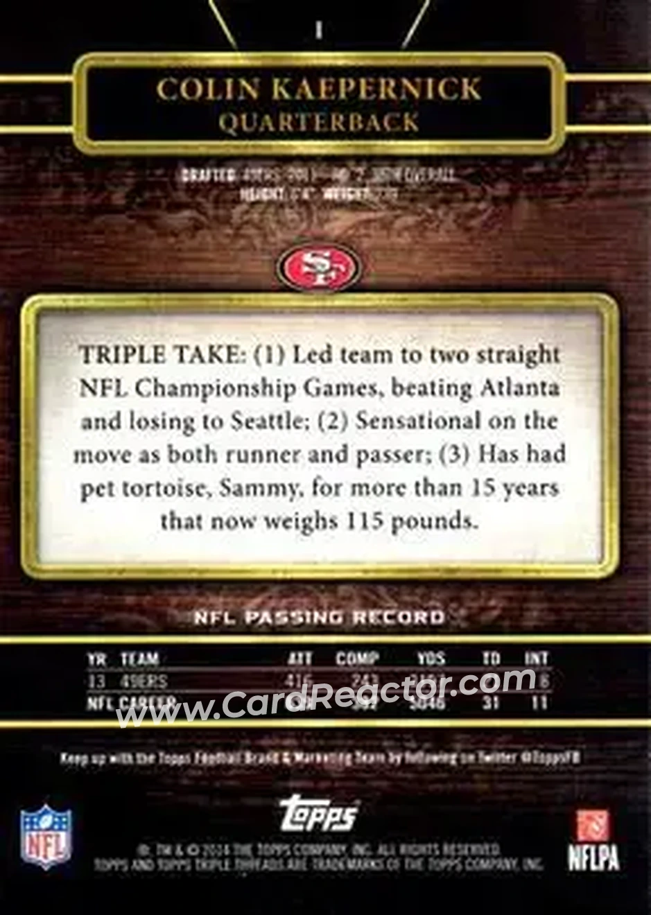 2014 Topps Triple Threads #1 - Colin Kaepernick - San Francisco 49ers - Back