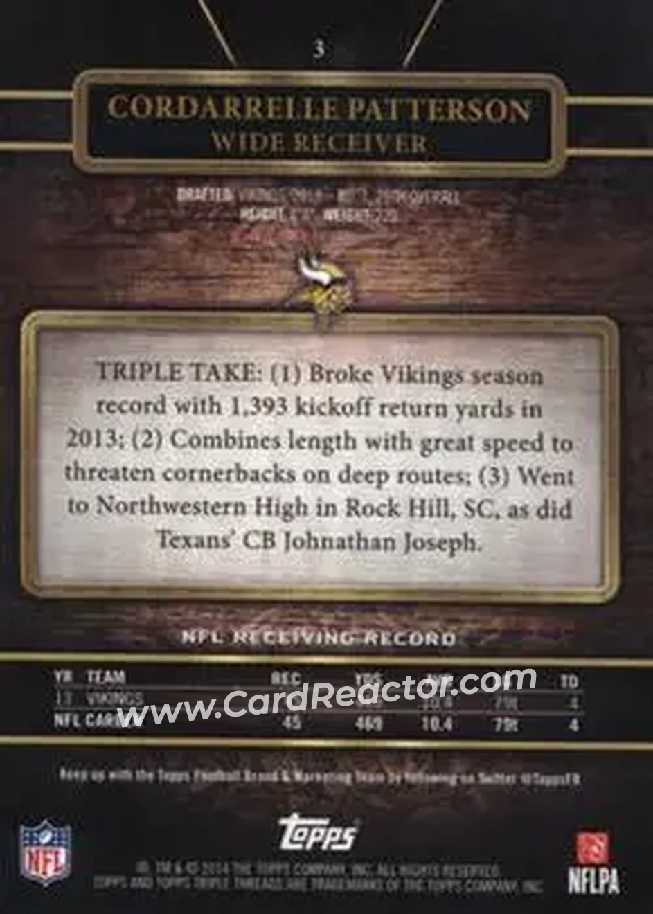 2014 Topps Triple Threads #3 - Cordarrelle Patterson - Minnesota Vikings - Back