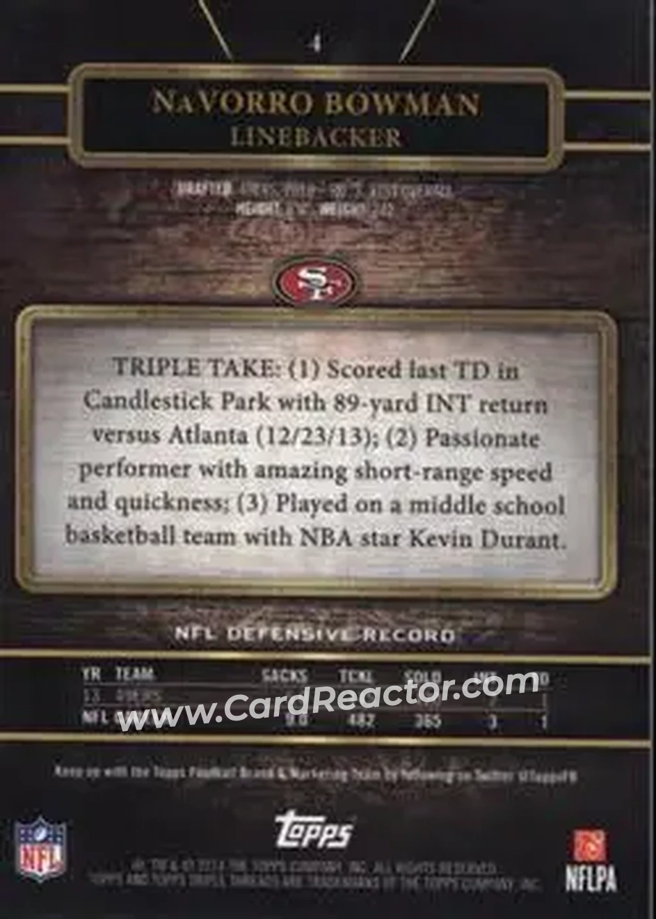 2014 Topps Triple Threads #4 - Navorro Bowman - San Francisco 49ers - Back