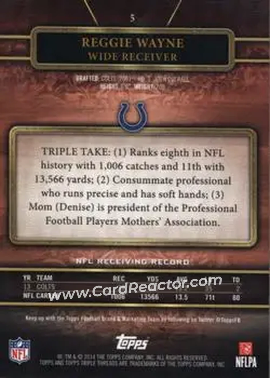 2014 Topps Triple Threads #5 - Reggie Wayne - Indianapolis Colts - Back