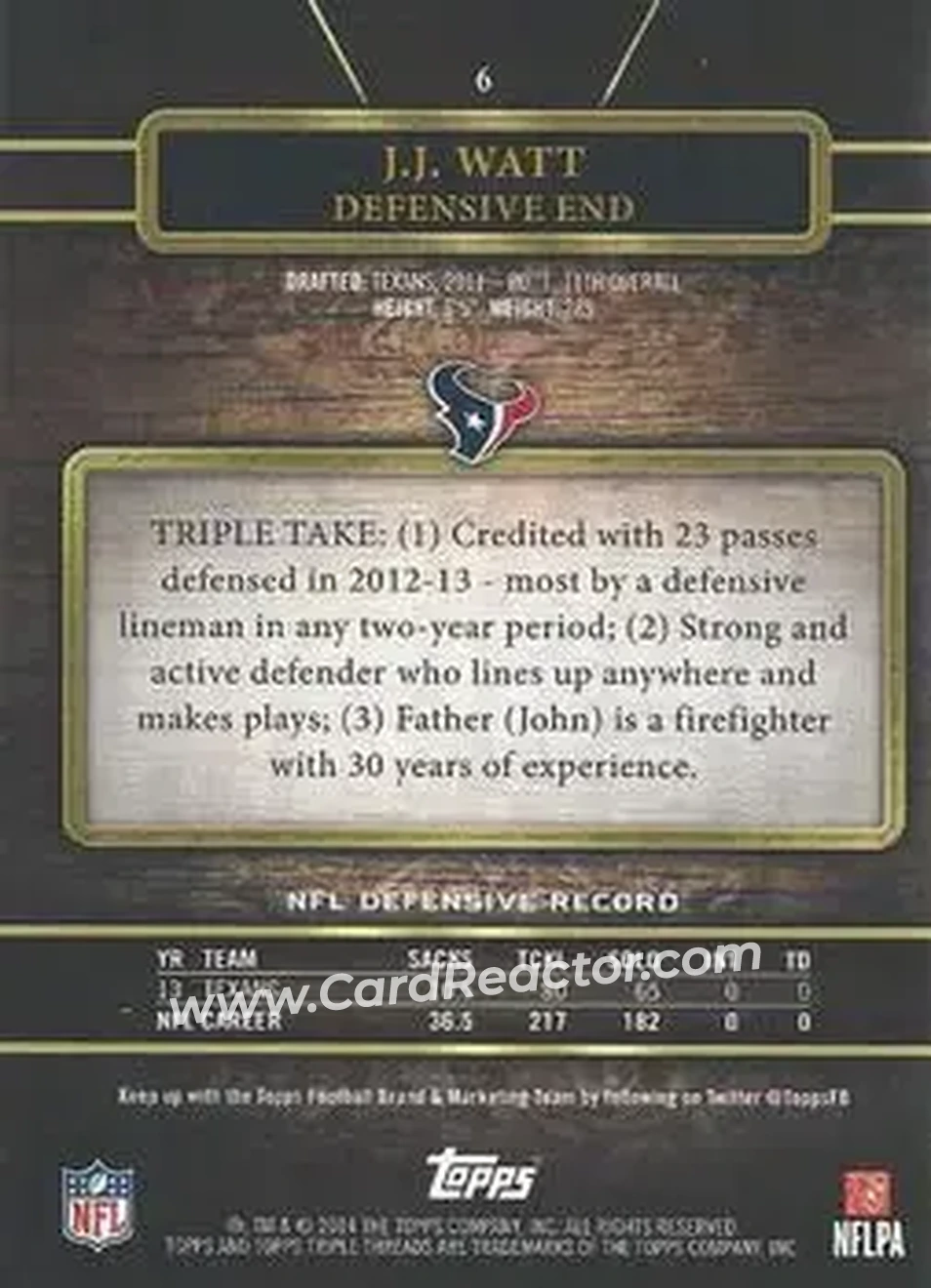2014 Topps Triple Threads #6 - J.J. Watt - Houston Texans - Back