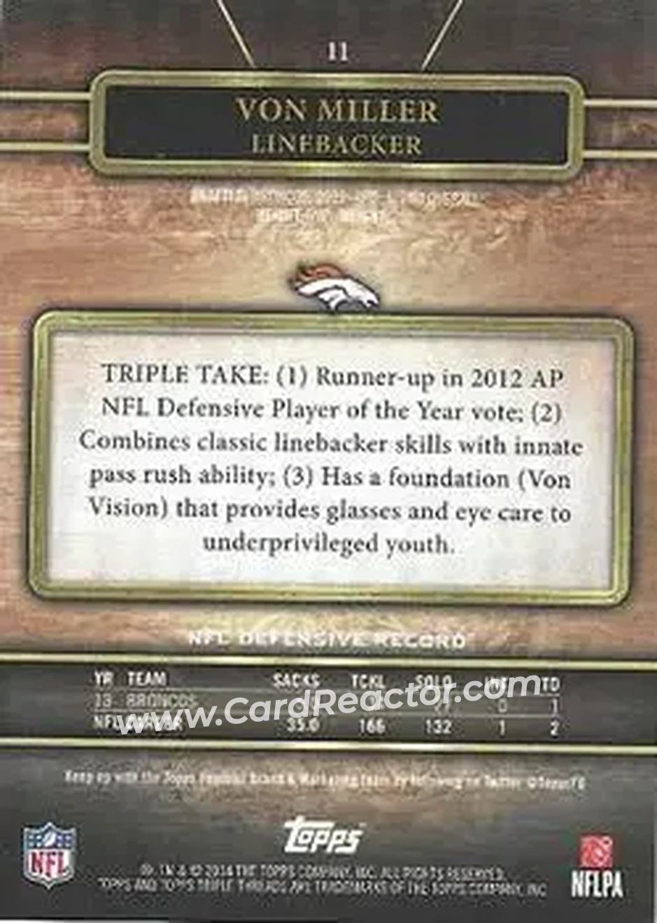2014 Topps Triple Threads #11 - Von Miller - Denver Broncos - Back