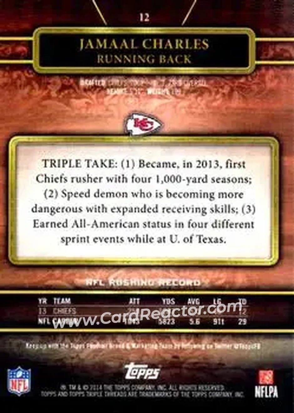 2014 Topps Triple Threads #12 - Jamaal Charles - Kansas City Chiefs - Back