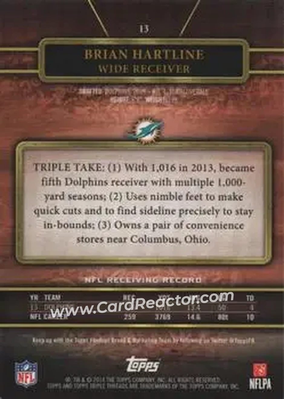 2014 Topps Triple Threads #13 - Brian Hartline - Miami Dolphins - Back