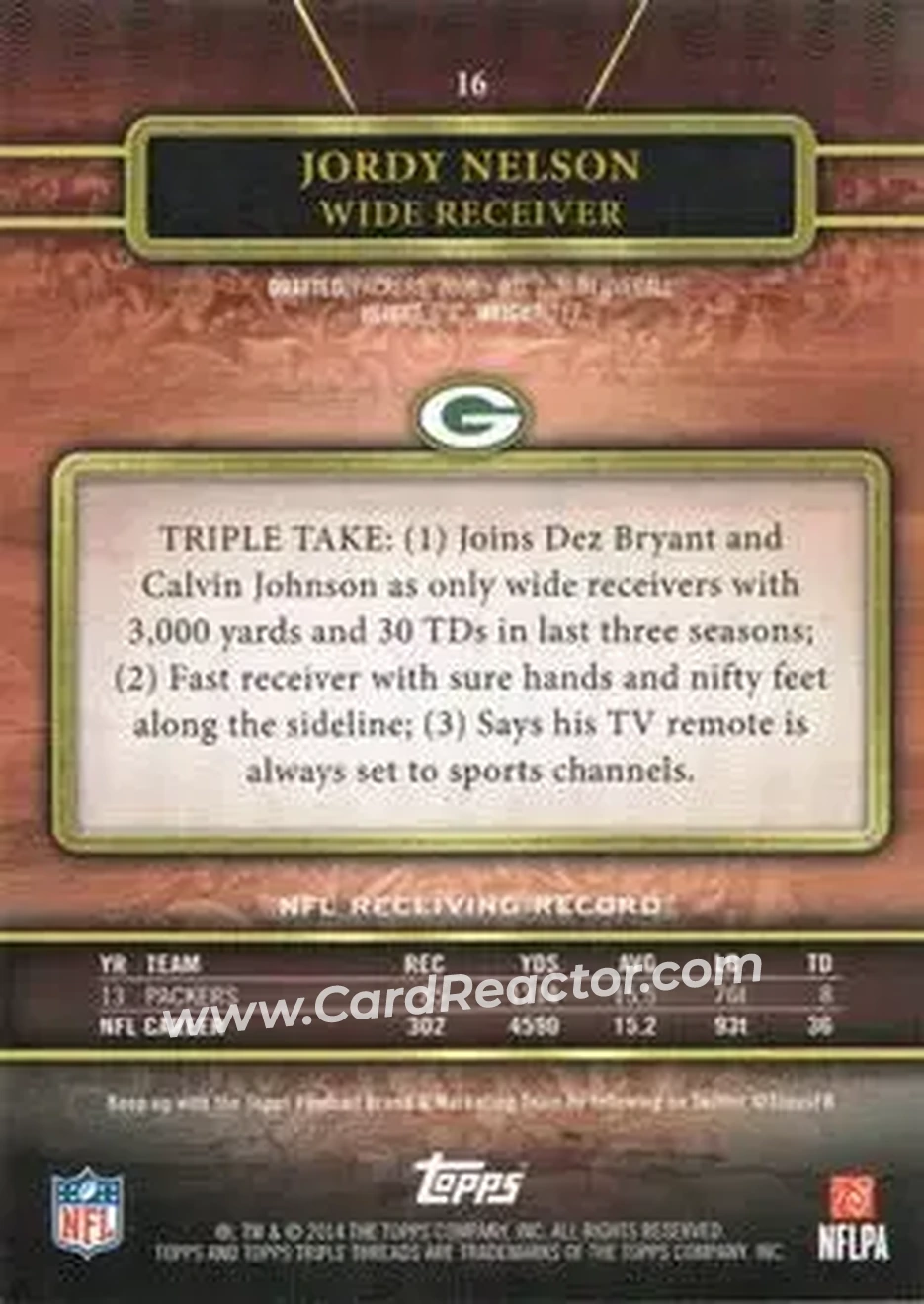 2014 Topps Triple Threads #16 - Jordy Nelson - Green Bay Packers - Back