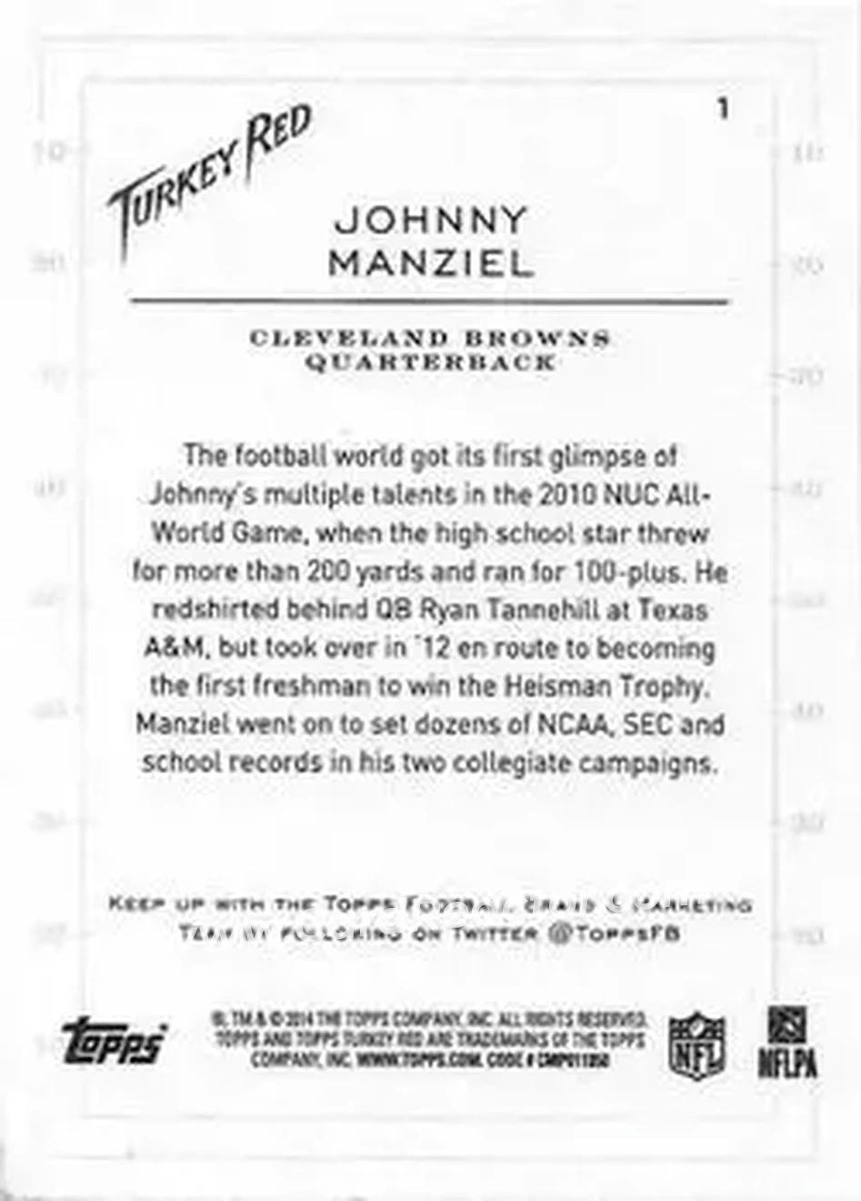 2014 Topps Turkey Red #1 - Johnny Manziel - Cleveland Browns - Back