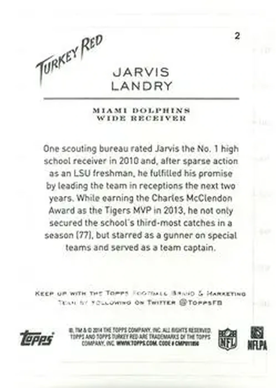2014 Topps Turkey Red #2 - Jarvis Landry - Miami Dolphins - Back