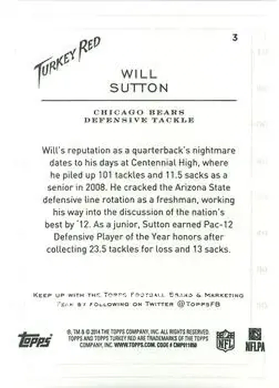 2014 Topps Turkey Red #3 - Will Sutton - Chicago Bears - Back