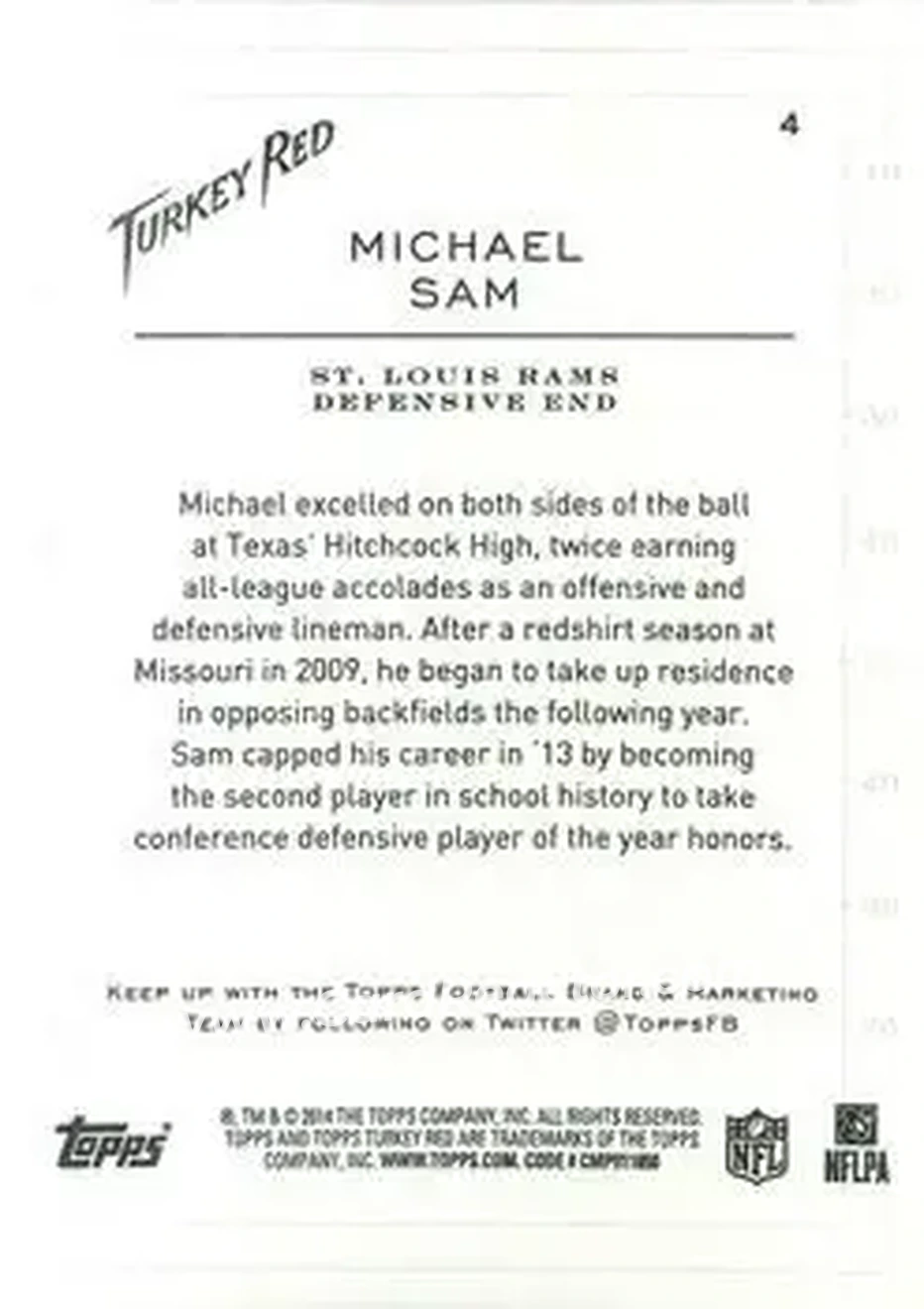 2014 Topps Turkey Red #4 - Michael Sam - St. Louis Rams - Back