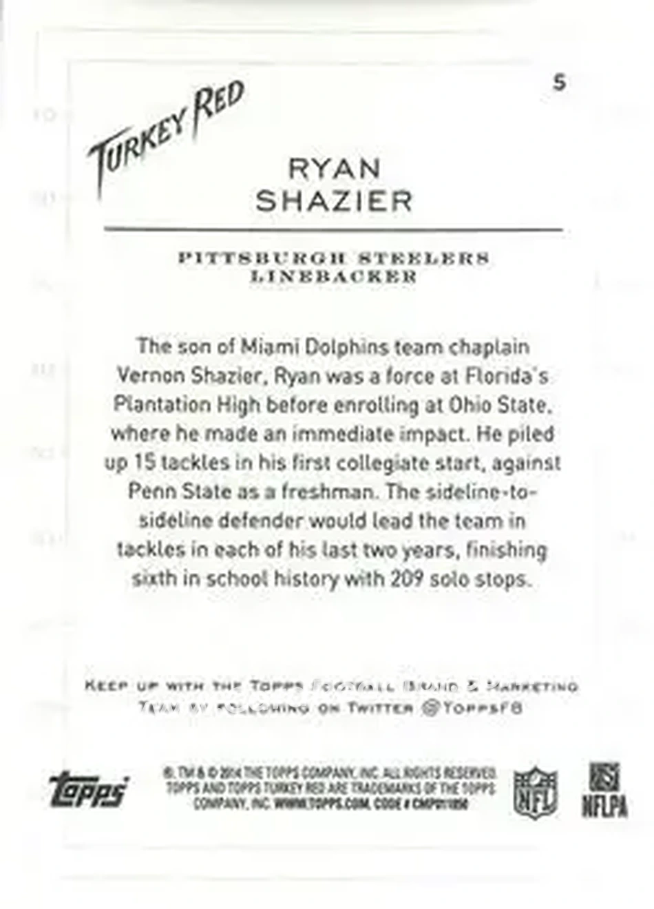 2014 Topps Turkey Red #5 - Ryan Shazier - Pittsburgh Steelers - Back
