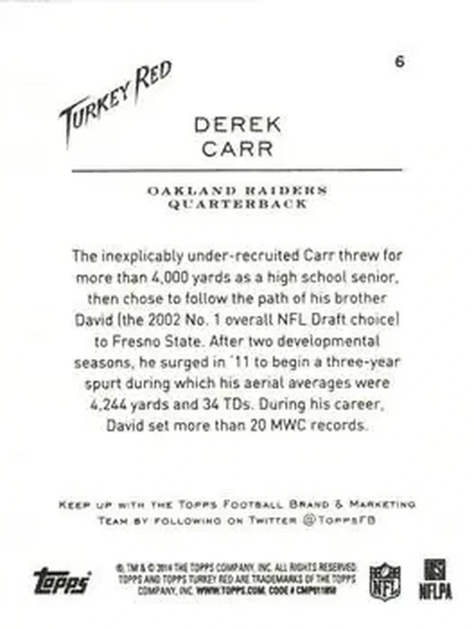 2014 Topps Turkey Red #6 - Derek Carr - Oakland Raiders - Back