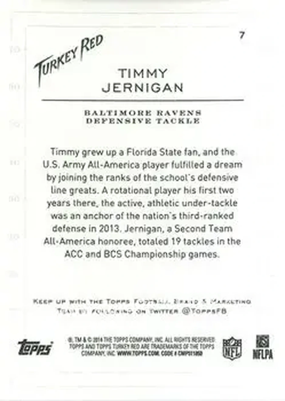 2014 Topps Turkey Red #7 - Timmy Jernigan - Baltimore Ravens - Back