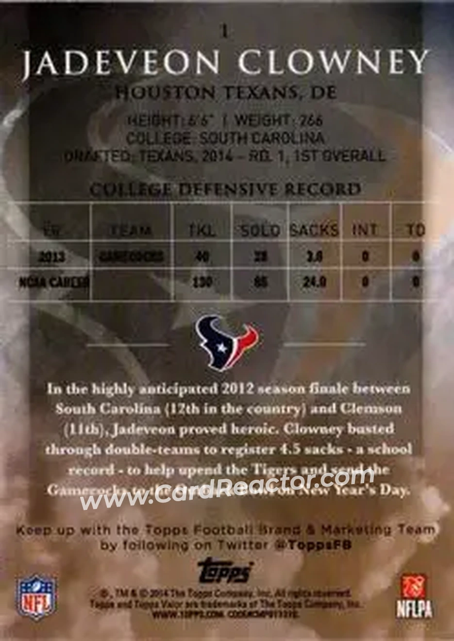 2014 Topps Valor #1 - Jadeveon Clowney - Houston Texans - Back
