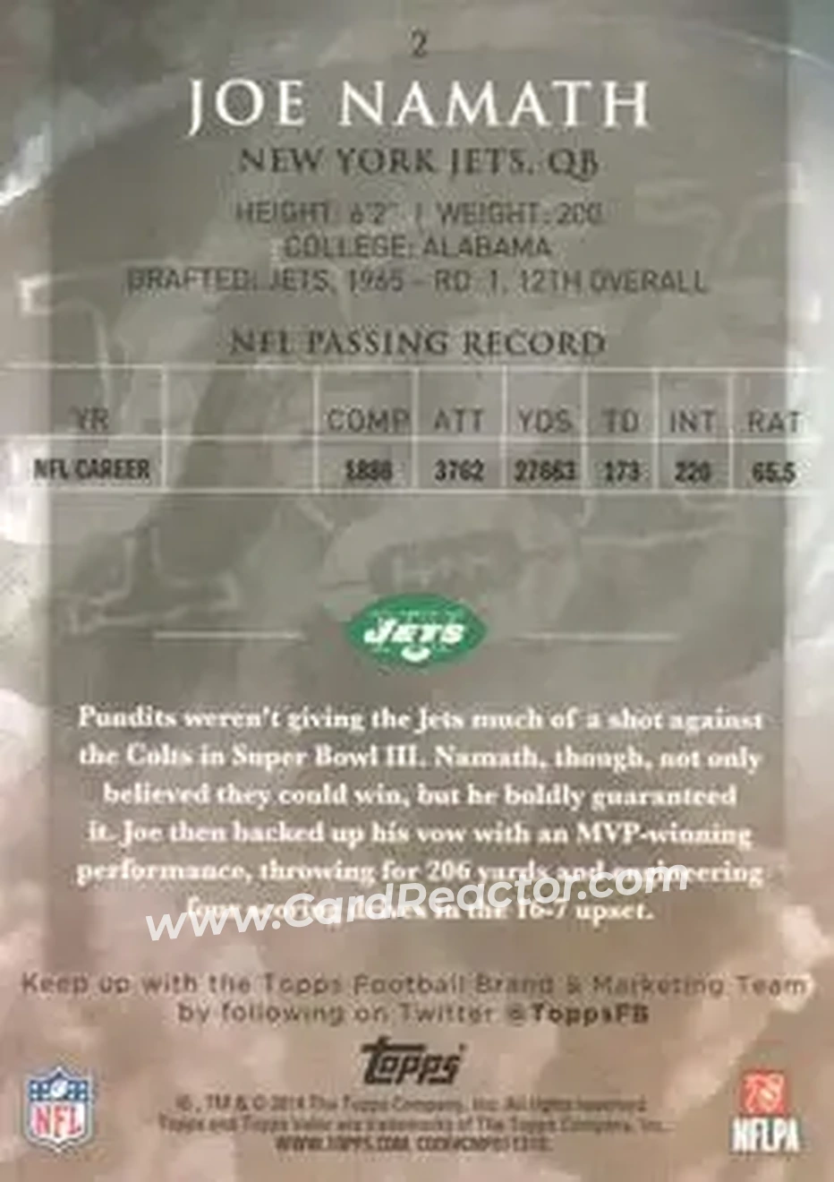 2014 Topps Valor #2 - Joe Namath - New York Jets - Back