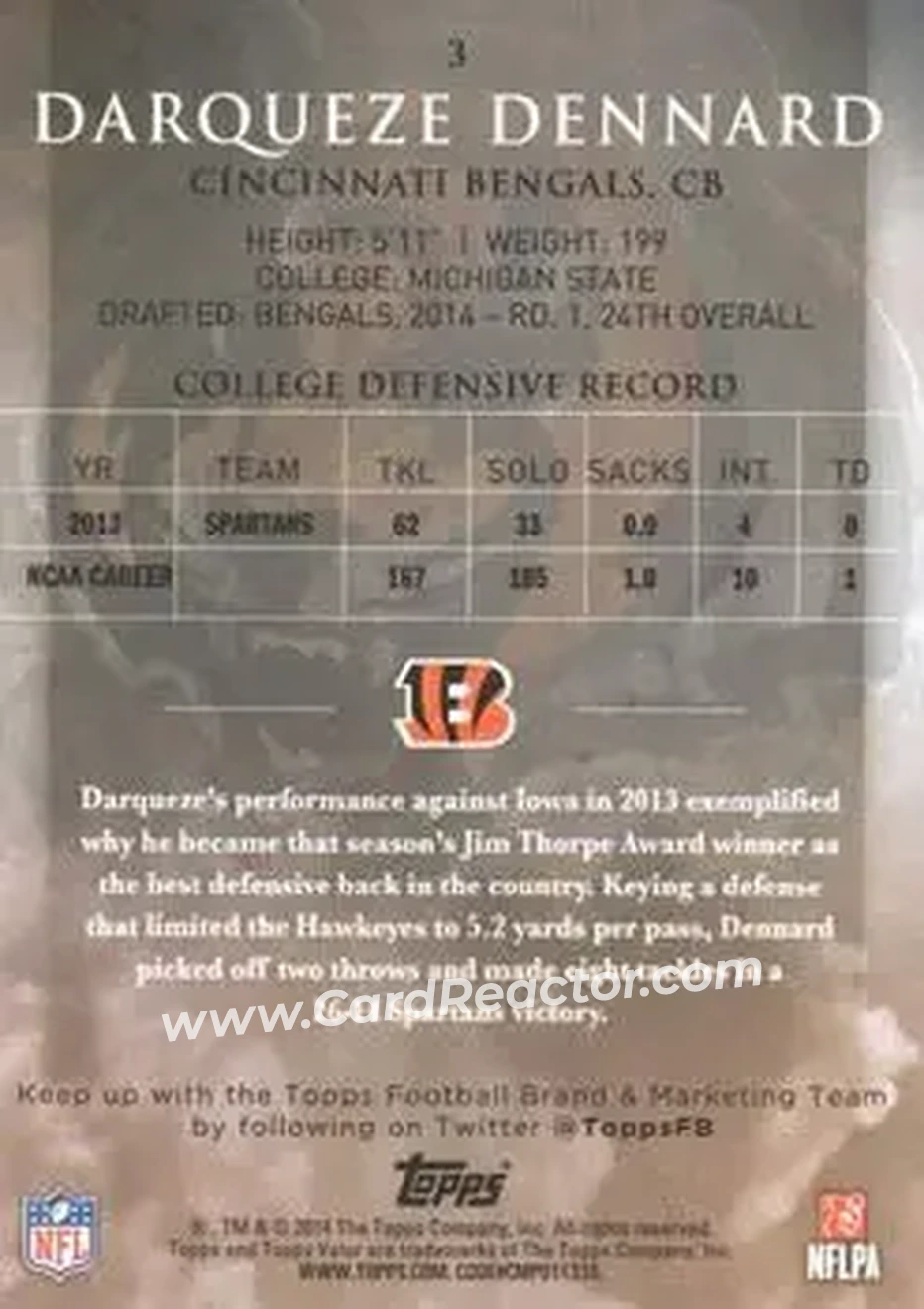 2014 Topps Valor #3 - Darqueze Dennard - Cincinnati Bengals - Back