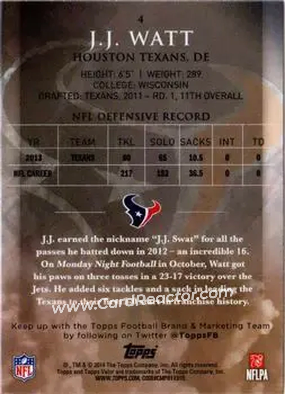 2014 Topps Valor #4 - J.J. Watt - Houston Texans - Back
