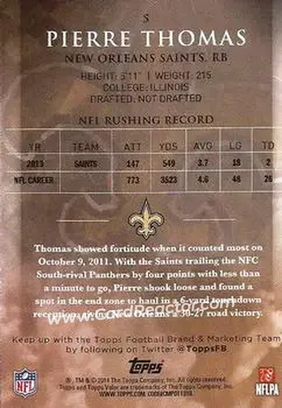 2014 Topps Valor #5 - Pierre Thomas - New Orleans Saints - Back