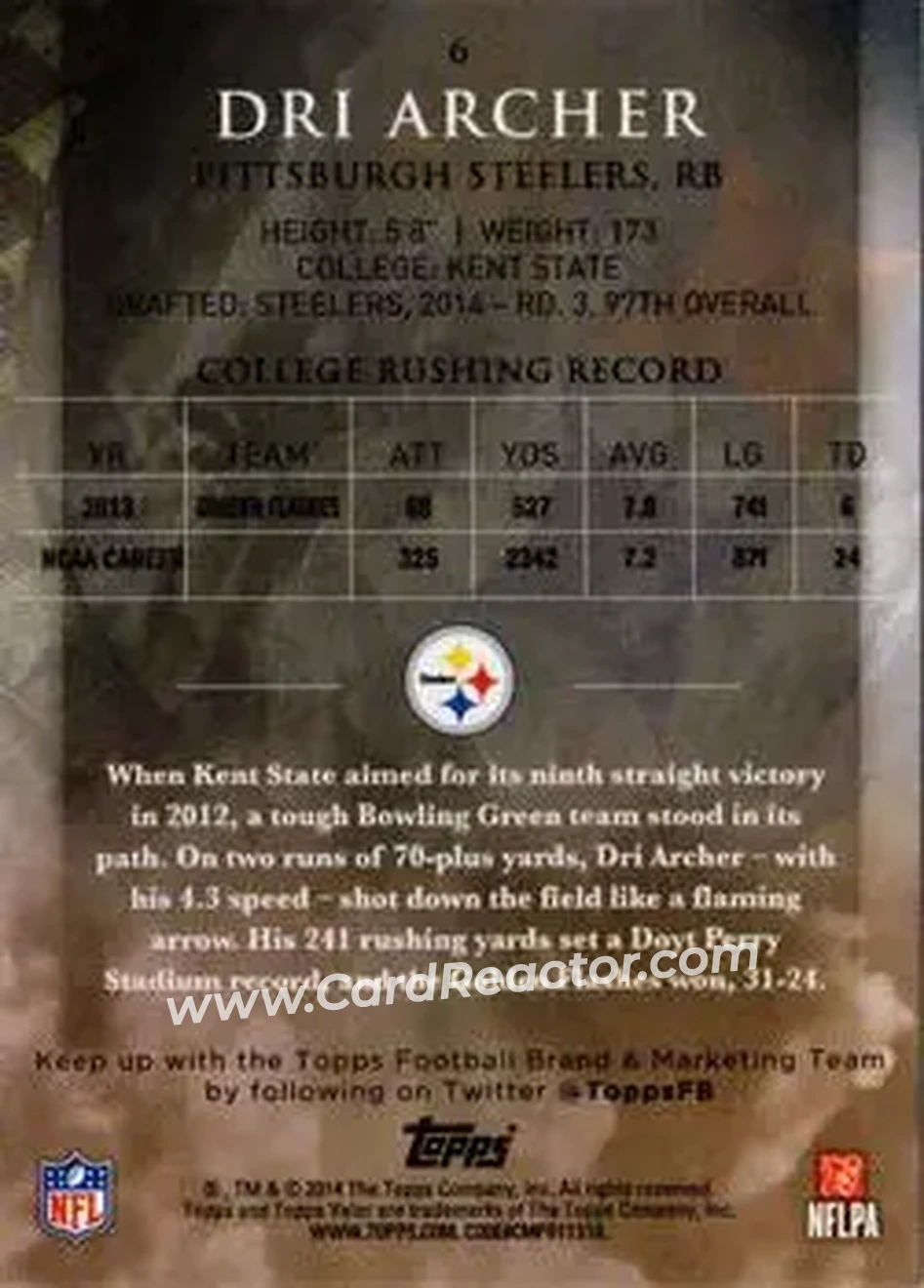 2014 Topps Valor #6 - Dri Archer - Pittsburgh Steelers - Back