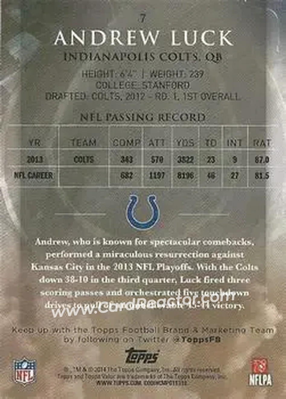 2014 Topps Valor #7 - Andrew Luck - Indianapolis Colts - Back