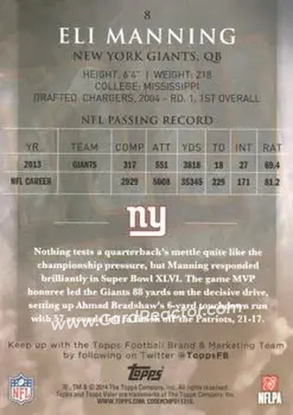2014 Topps Valor #8 - Eli Manning - New York Giants - Back