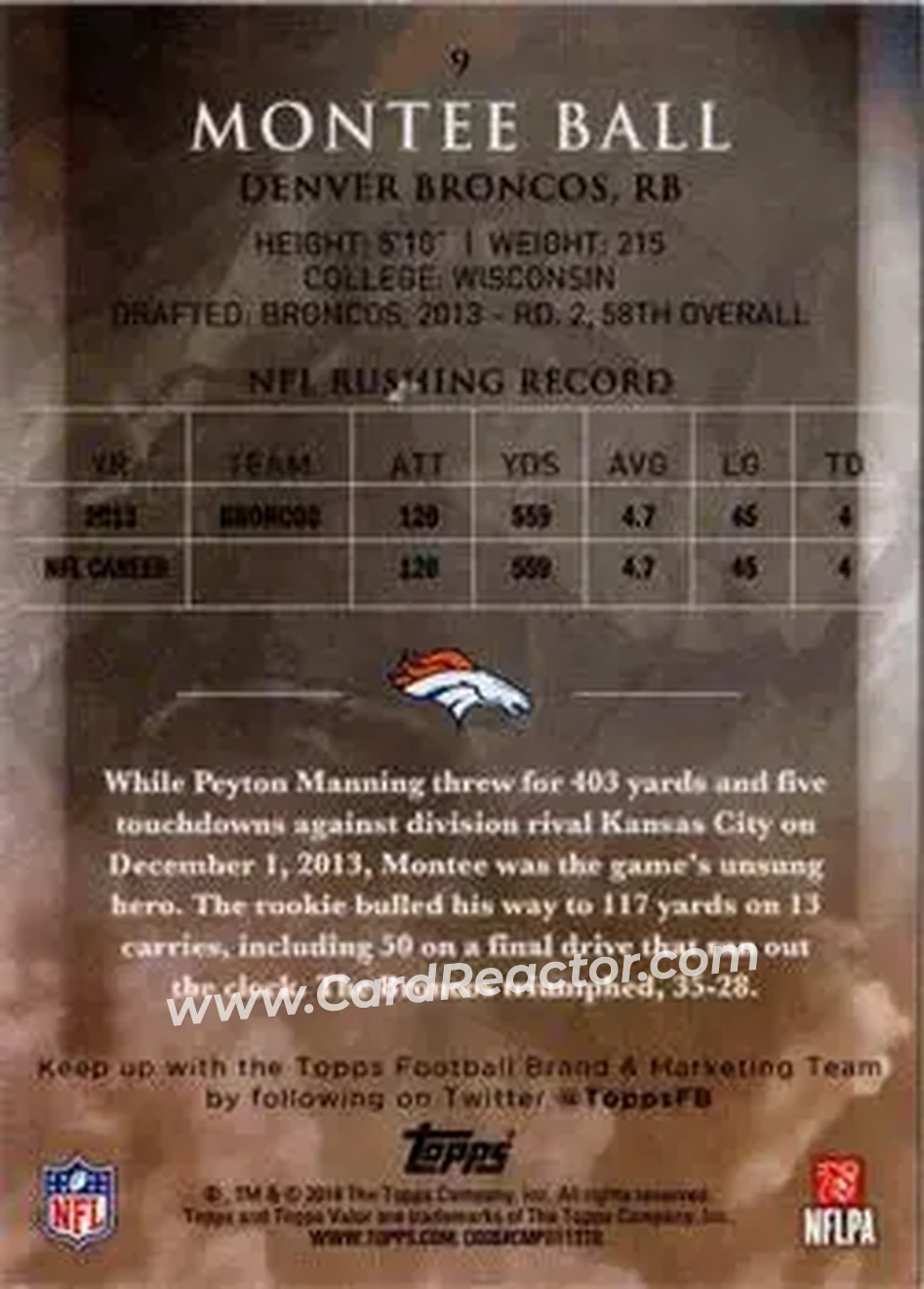 2014 Topps Valor #9 - Montee Ball - Denver Broncos - Back
