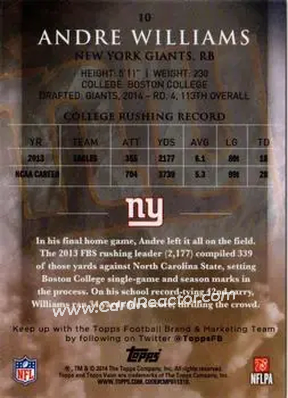 2014 Topps Valor #10 - Andre Williams - New York Giants - Back