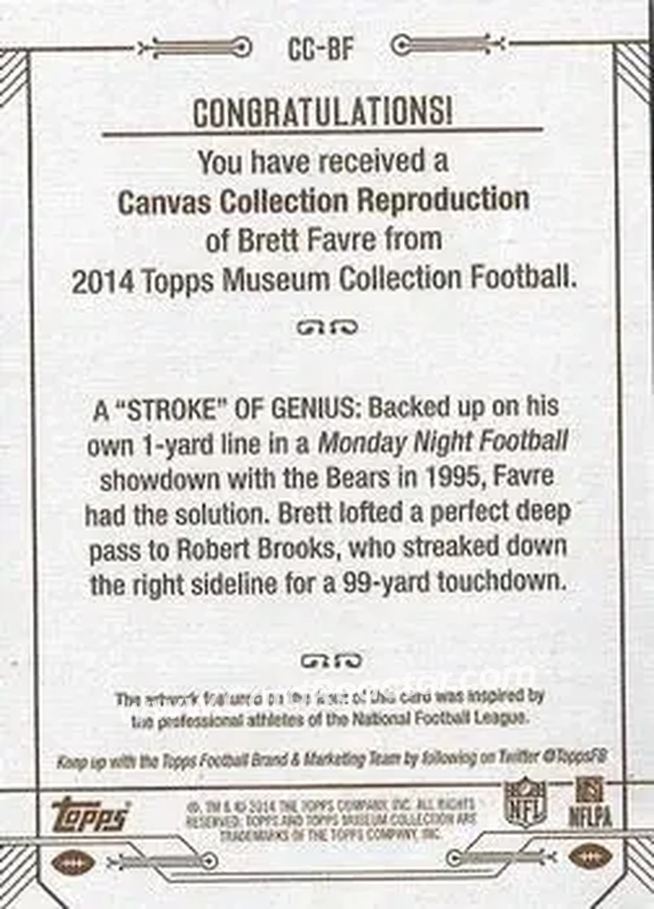 2014 Topps Museum Collection - Canvas Collection #CC-BF - Brett Favre - Green Bay Packers - Back 2014 Topps Museum Collection - Canvas Collection #CC-BF - Brett Favre - Green Bay Packers - Back