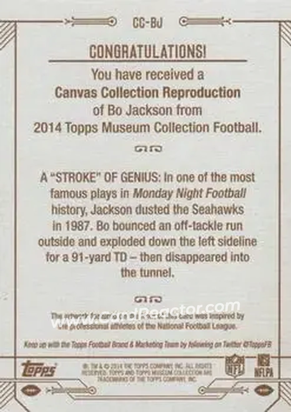 2014 Topps Museum Collection - Canvas Collection #CC-BJ - Bo Jackson - Los Angeles Raiders - Back 2014 Topps Museum Collection - Canvas Collection #CC-BJ - Bo Jackson - Los Angeles Raiders - Back