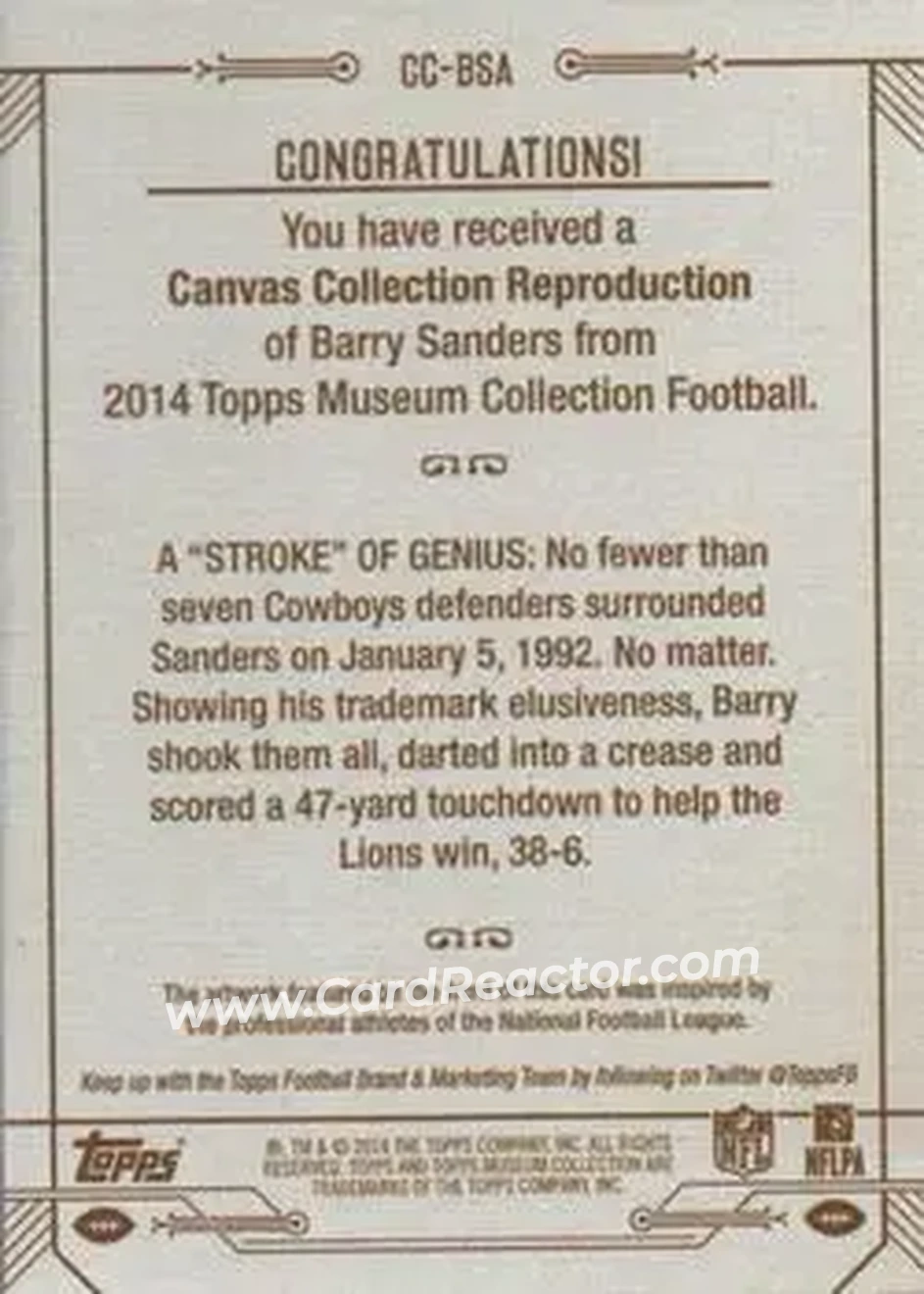 2014 Topps Museum Collection - Canvas Collection #CC-BSA - Barry Sanders - Detroit Lions - Back 2014 Topps Museum Collection - Canvas Collection #CC-BSA - Barry Sanders - Detroit Lions - Back