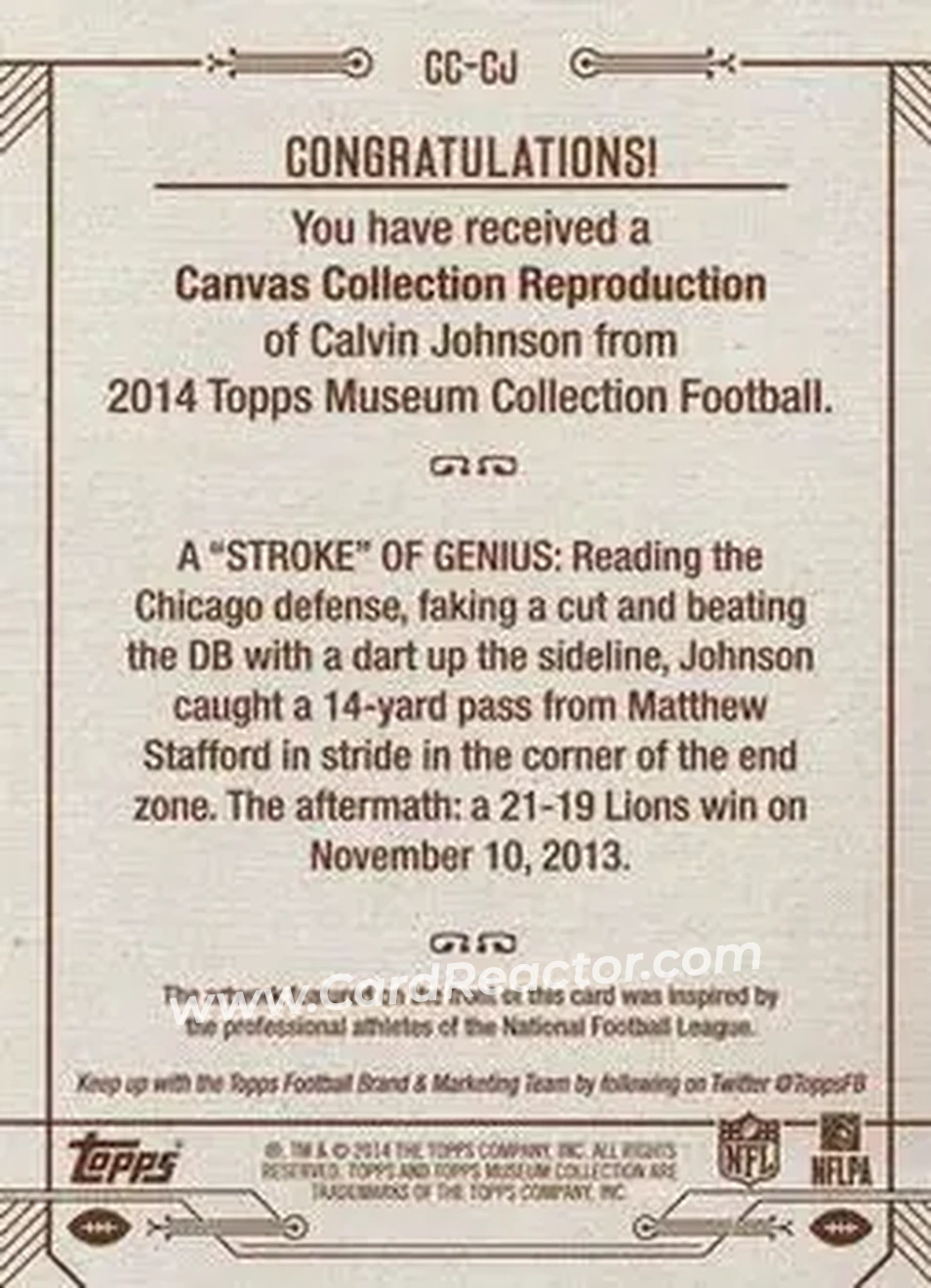 2014 Topps Museum Collection - Canvas Collection #CC-CJ - Calvin Johnson - Detroit Lions - Back
