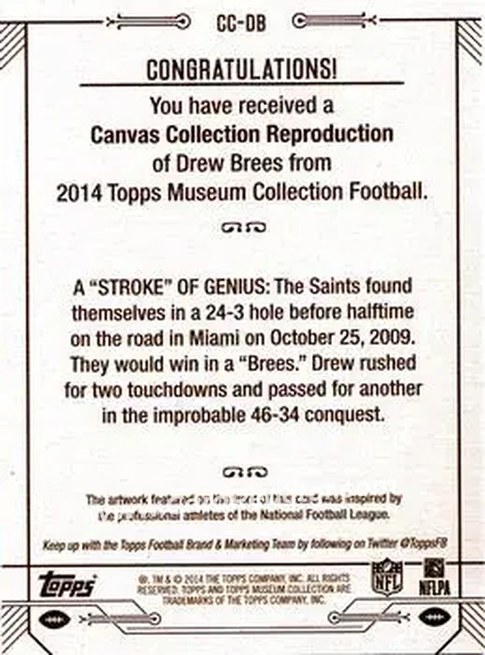2014 Topps Museum Collection - Canvas Collection #CC-DB - Drew Brees - New Orleans Saints - Back 2014 Topps Museum Collection - Canvas Collection #CC-DB - Drew Brees - New Orleans Saints - Back