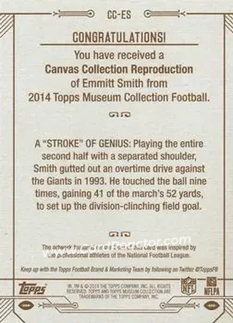 2014 Topps Museum Collection - Canvas Collection #CC-ES - Emmitt Smith - Dallas Cowboys - Back 2014 Topps Museum Collection - Canvas Collection #CC-ES - Emmitt Smith - Dallas Cowboys - Back