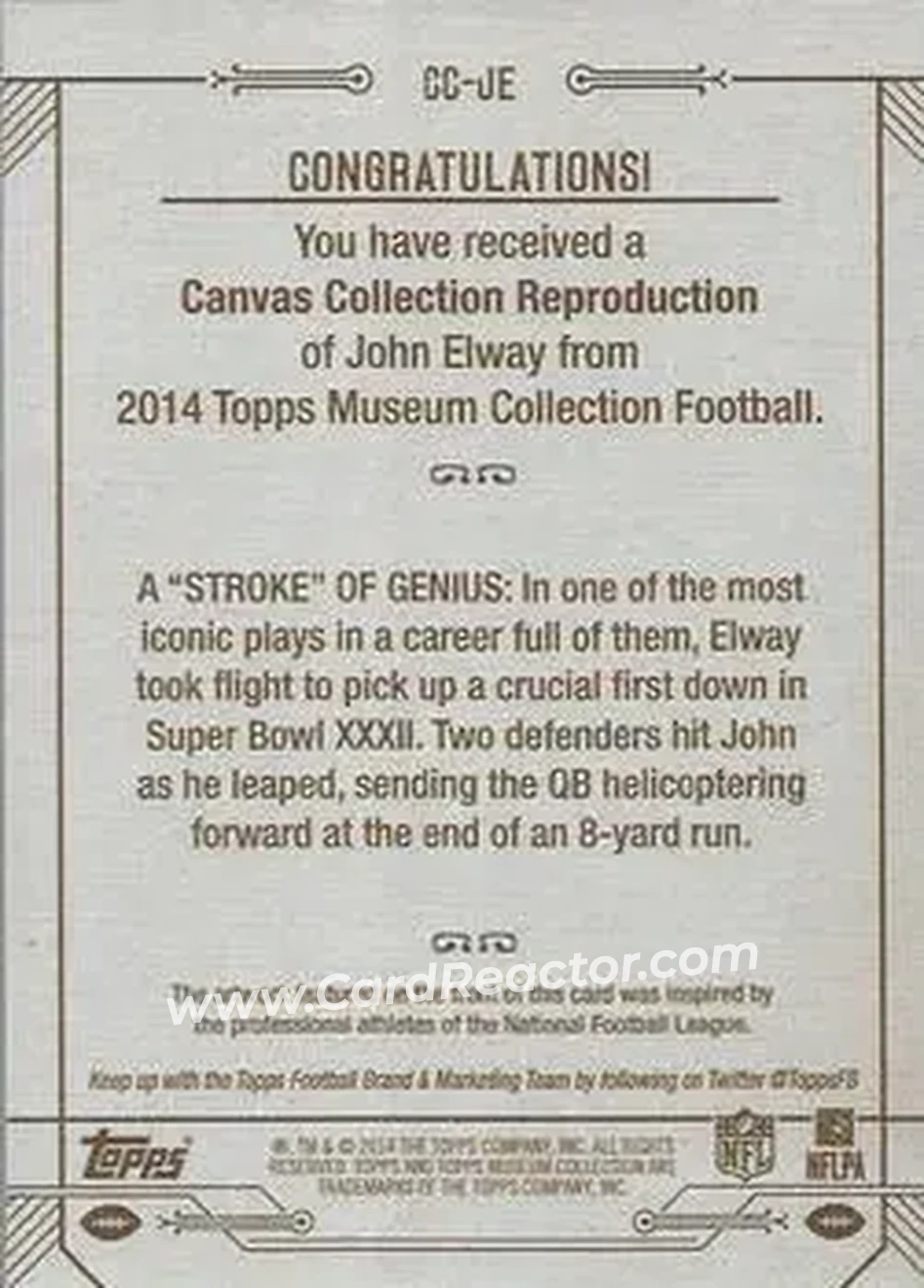2014 Topps Museum Collection - Canvas Collection #CC-JE - John Elway - Denver Broncos - Back 2014 Topps Museum Collection - Canvas Collection #CC-JE - John Elway - Denver Broncos - Back