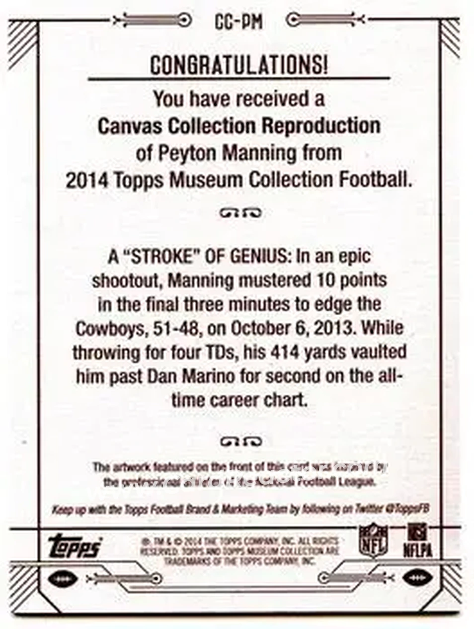 2014 Topps Museum Collection - Canvas Collection #CC-PM - Peyton Manning - Denver Broncos - Back