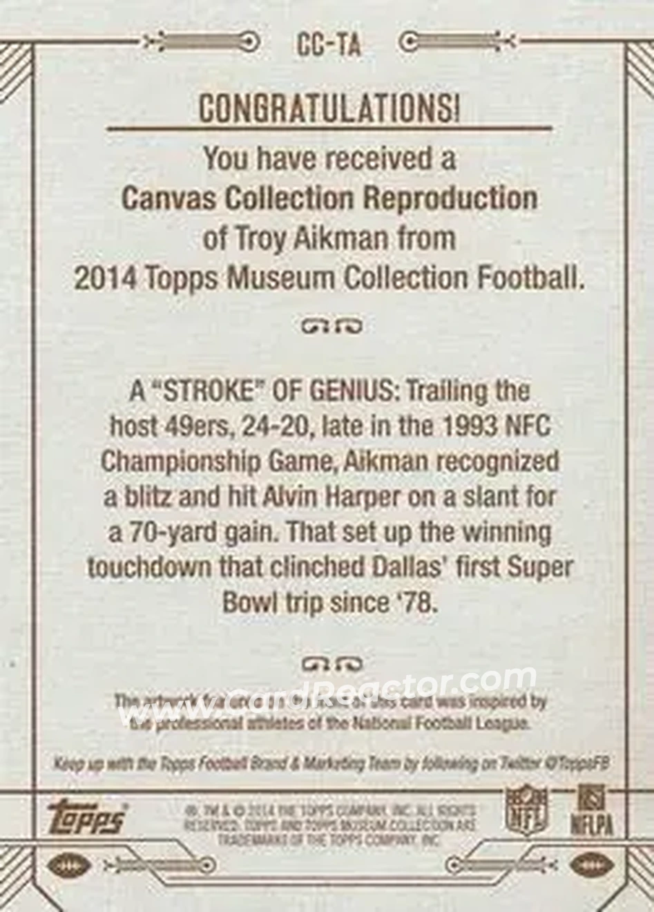 2014 Topps Museum Collection - Canvas Collection #CC-TA - Troy Aikman - Dallas Cowboys - Back 2014 Topps Museum Collection - Canvas Collection #CC-TA - Troy Aikman - Dallas Cowboys - Back