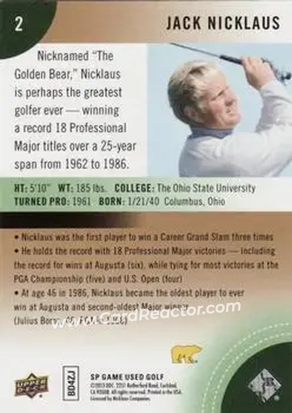 2014 SP Game Used #2 - Jack Nicklaus - Back