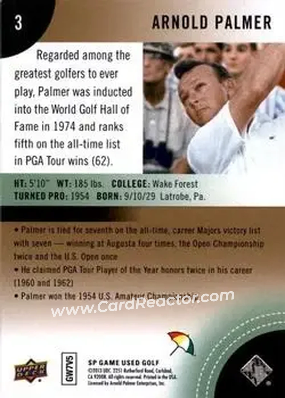 2014 SP Game Used #3 - Arnold Palmer - Back