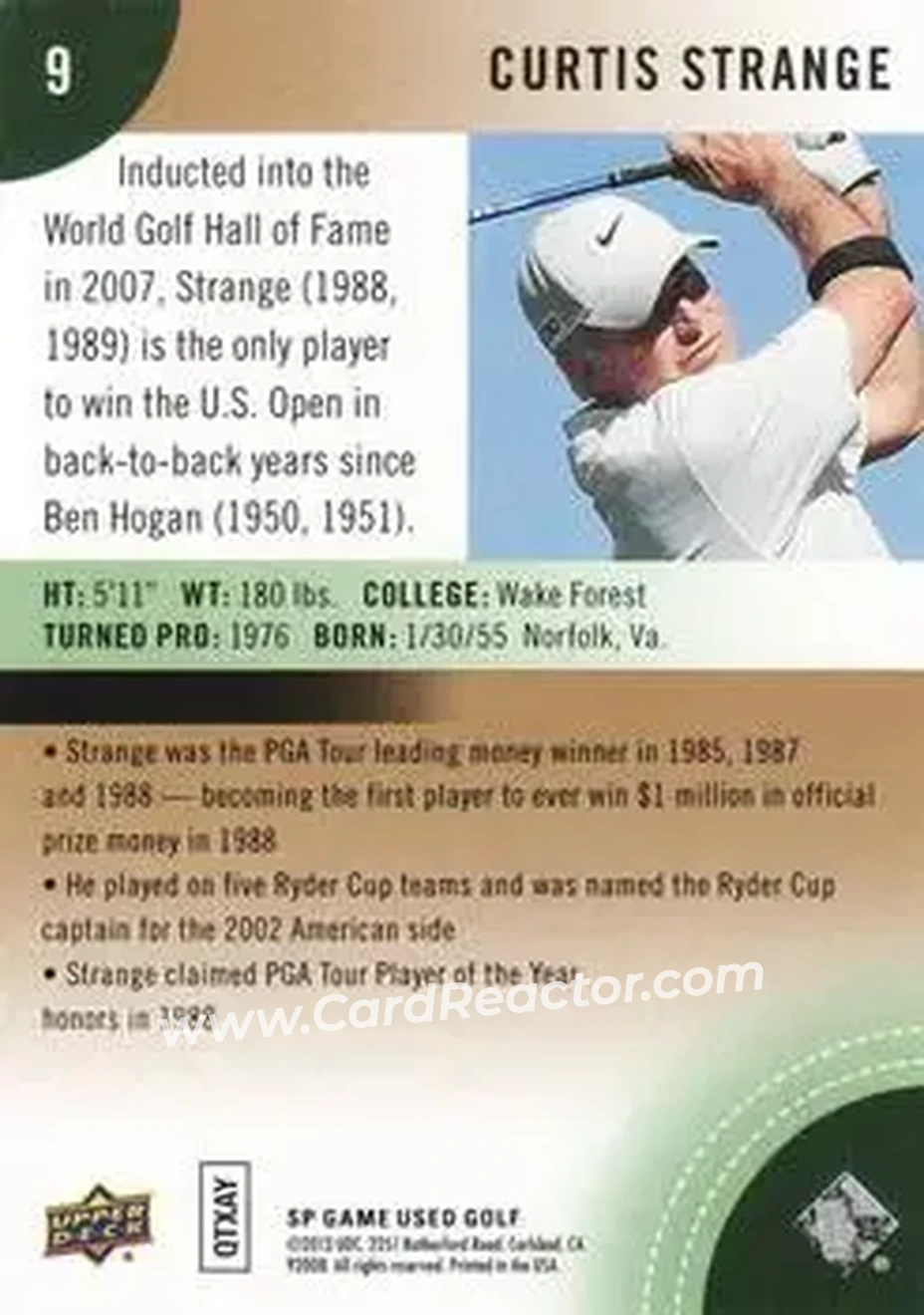 2014 SP Game Used #9 - Curtis Strange - Back